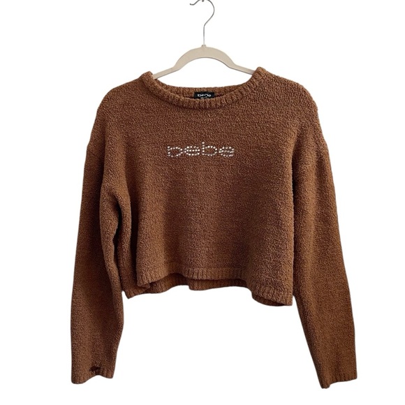 bebe Brown Crew Neck Crop Sweater Oversized S Fall Chic - Picture 8 of 8